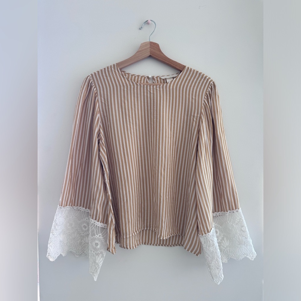 Golden white stripe lace blouse top
